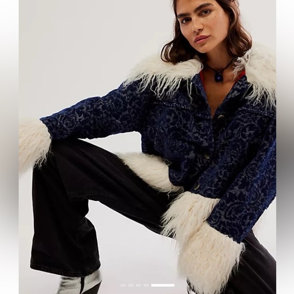 Free People Sabina Fur trim penny lane Bomber jacket brocade $450 XS - Picture 11 of 12